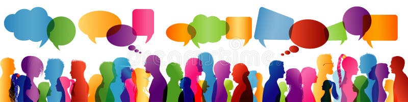 Conversazione della folla Gruppo di persone conversazione Comunicazione fra la gente Siluetta colorata di profilo Bolla di discor