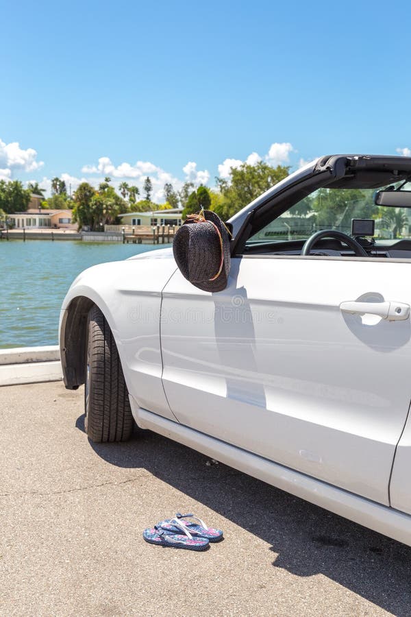 Convertible Car with Hat Hanging on a Mirror Stock Photo Image of
