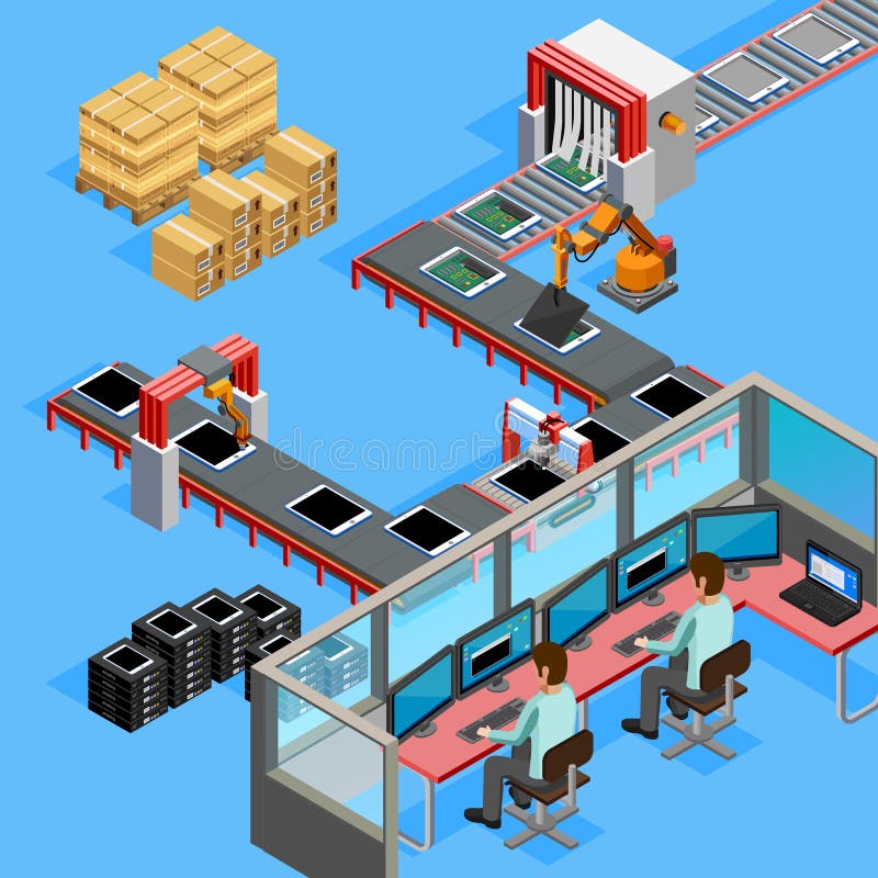 Automated belt conveyor production computerized assembling line remotely controlled by two operators isometric poster abstract vector illustration. Operators vectors
