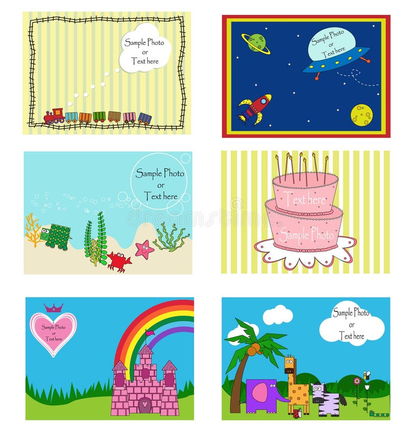 A collection of six childrens invitation theme cards. A collection of six childrens invitation theme cards