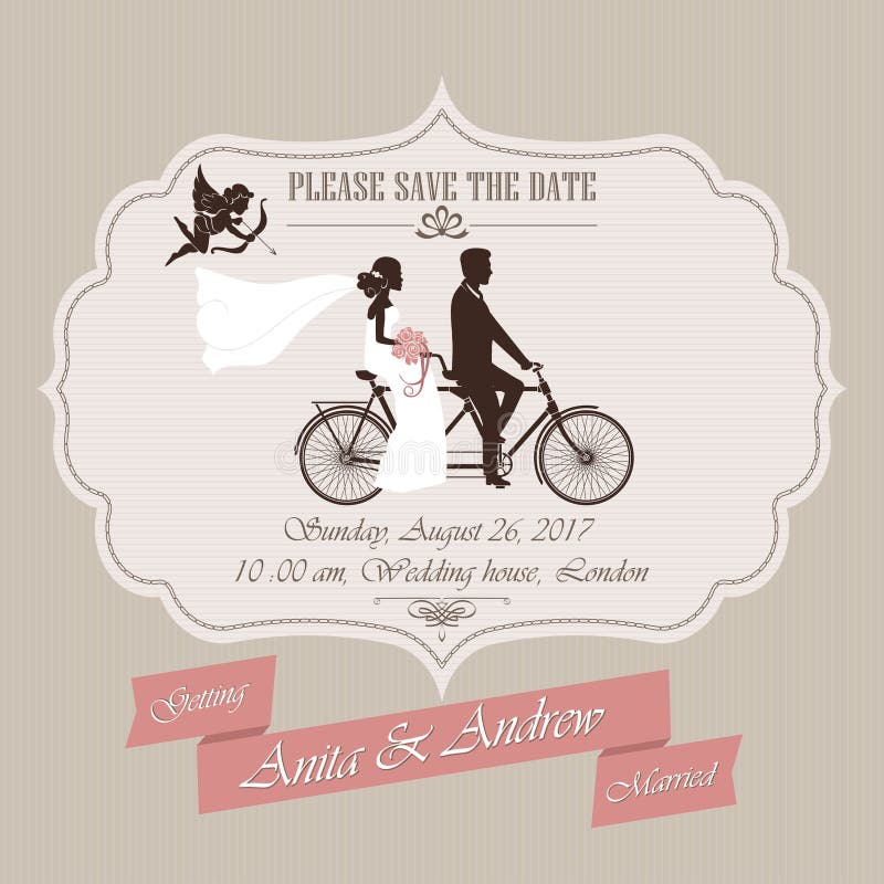 Convite do casamento, bicicleta em tandem ilustração stock Convite do casamento, bicicleta em tandem ilustração stock