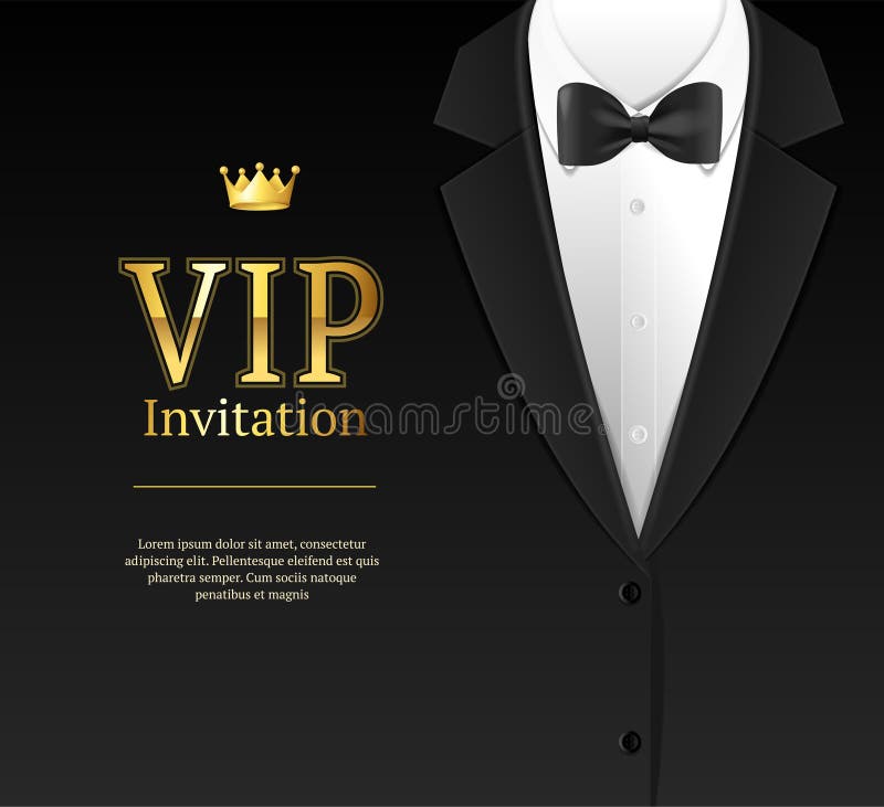 Vip Invitation with Bow Tie Template Card Banner for Ceremony, Party Luxury Style. Vector illustration of Bowtie Element Male Costume. Vip Invitation with Bow Tie Template Card Banner for Ceremony, Party Luxury Style. Vector illustration of Bowtie Element Male Costume
