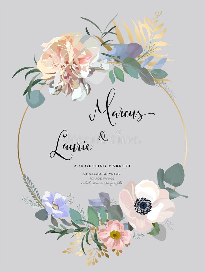 Convite floral do casamento Rosa cor-de-rosa elegante do jardim, peônia, anêmona, ramos do eucalipto, folhas Molde do vetor ilustração royalty free