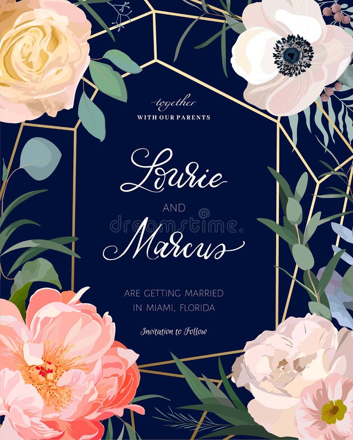 Convite floral do casamento Rosa cor-de-rosa elegante do jardim, peônia, anêmona, ramos do eucalipto, folhas Molde do vetor ilustração royalty free