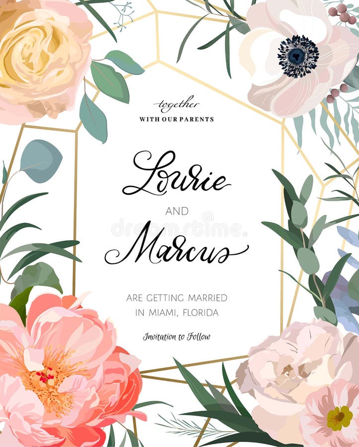 Convite floral do casamento Rosa cor-de-rosa elegante do jardim, peônia, anêmona, ramos do eucalipto, folhas Molde do vetor ilustração royalty free