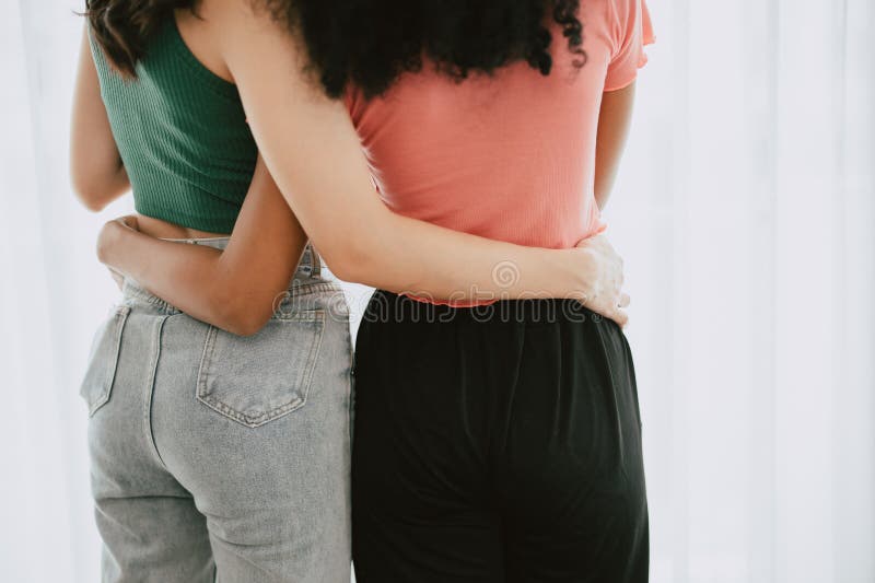 Convivere con un amico lgbtq che vive insieme a mani abbracciate alla vista sul retro mescolare colore della pelle fotografia stock libera da diritti