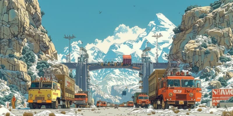 Convoglio di grandi camion coraggiano gli elementi mentre guidano lungo una strada coperta di neve che scalza fiumi sulla loro sci immagine stock libera da diritti