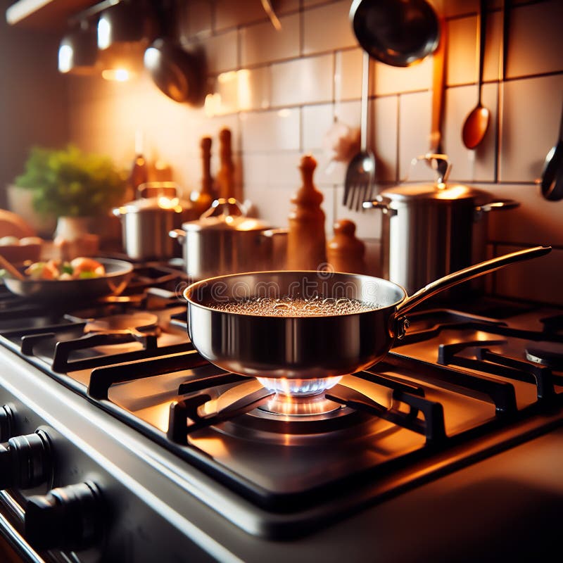 The Cook Boils Water in a Cooking Pot on the Stove Stock Illustration