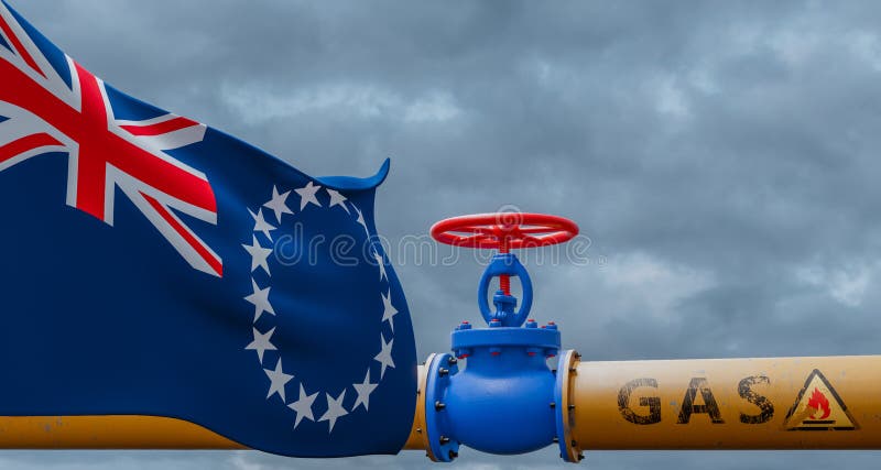 Cook Islands gas, valve on the main gas pipeline Cook Islands, Pipeline with flag Cook Islands, Pipes of gas from Cook Islands, 3D stock illustration