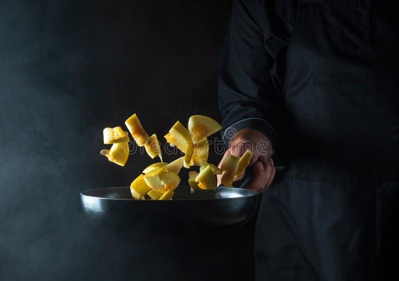 Cook Prepares Zucchini in a Pan. Cooking Vegetables Healthy Vegetarian