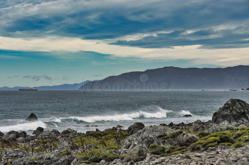 Cook Strait, New Zealand, on a stormy day.As seen from Baring Head, East Harbour Regional Park