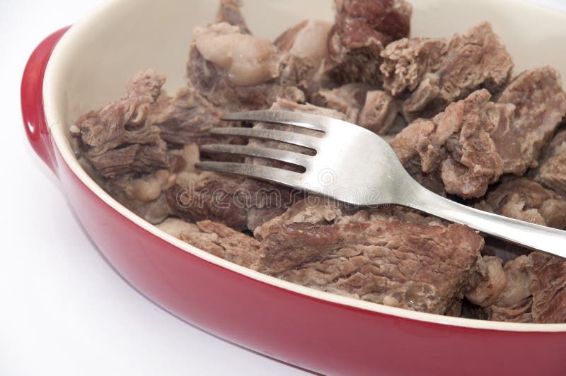 Cooked Beef Served in a Red Bowl with Fork Stock Photo Image of