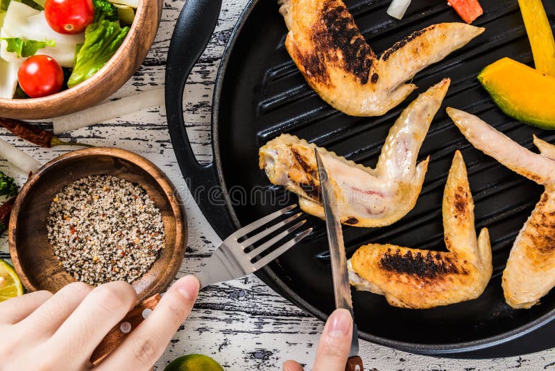 Cooked Chicken Dishes and Vegetables and Spices Stock Image - Image of