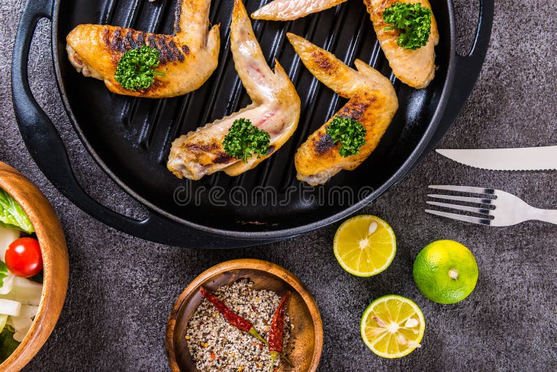 Cooked Chicken Dishes and Vegetables and Spices Stock Image - Image of