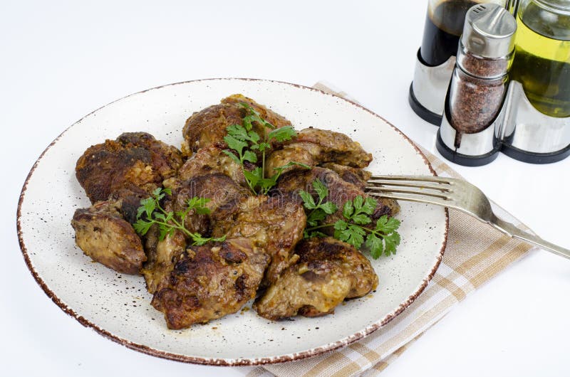 Cooked Chicken Liver on Plate. Liver Dishes. Studio Photo Stock Photo ...