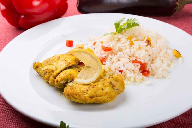 Cooked chicken with rice stock photo. Image of asian 147598822