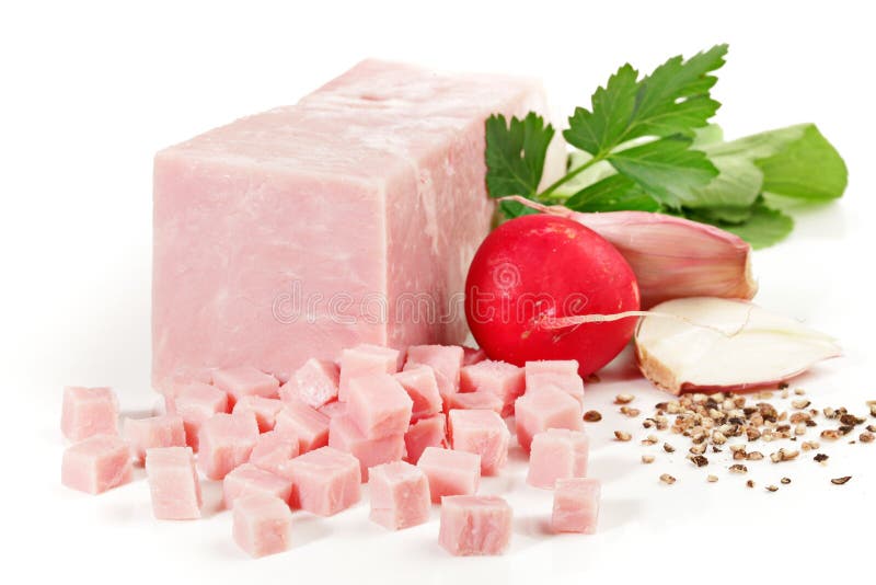 Cooked Ham Cubes with Radish, Isolated on White Background. Stock Photo