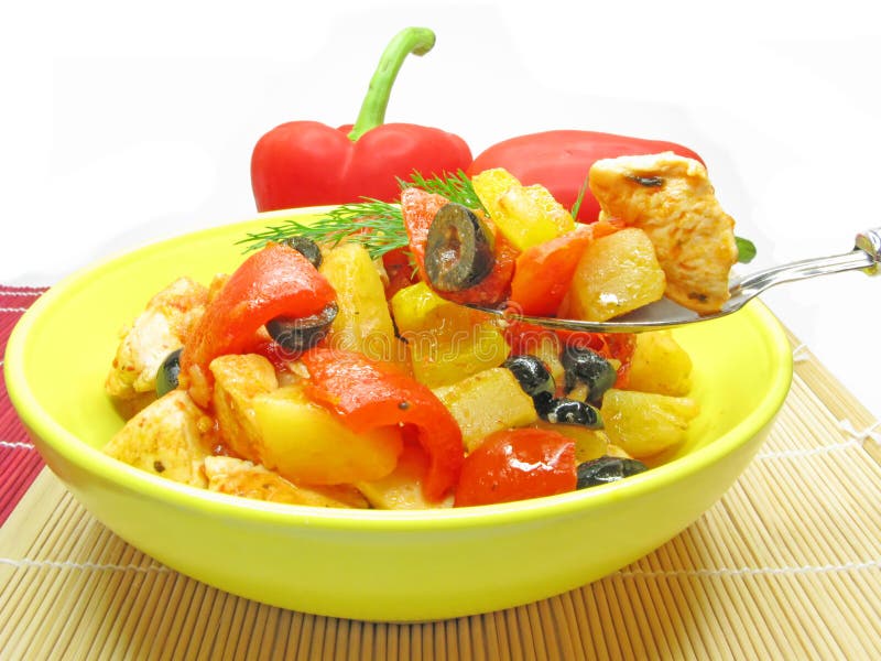 Cooked meat with vegetables stock photo