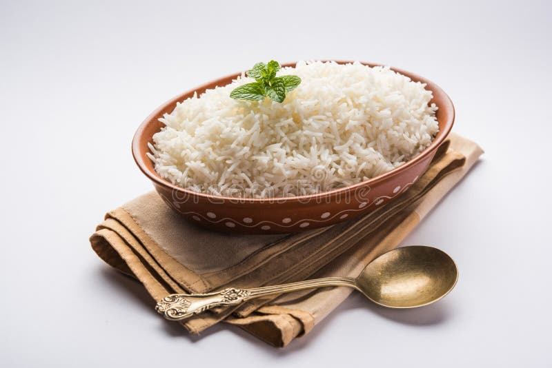 Cooked Plain White Basmati Rice In Terracotta Bowl, Selective Focus Stock Photo Image of grain