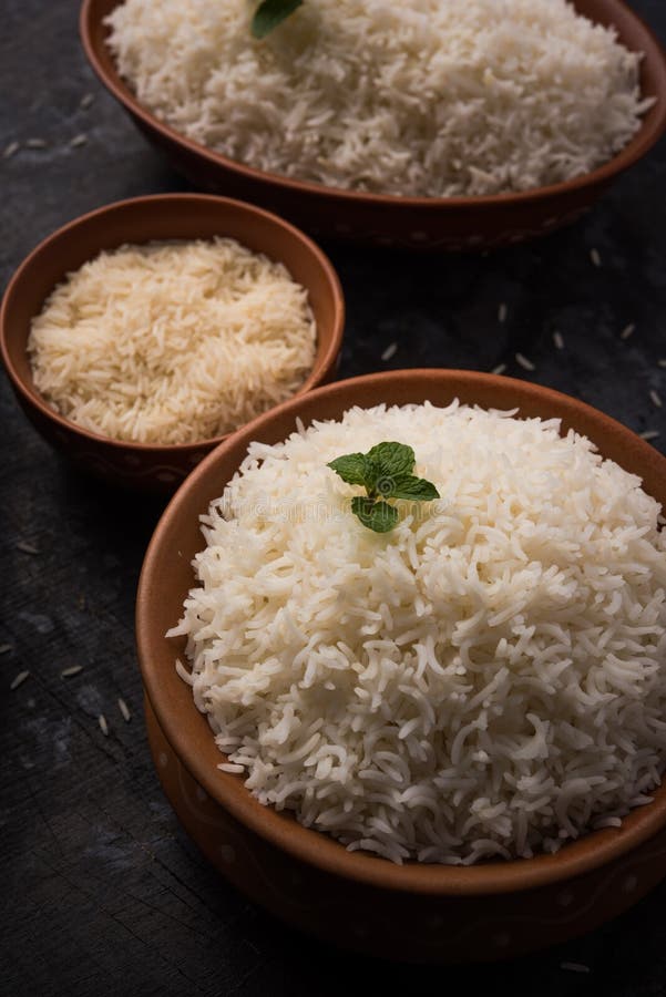 Cooked Plain White Basmati Rice In Terracotta Bowl, Selective Focus