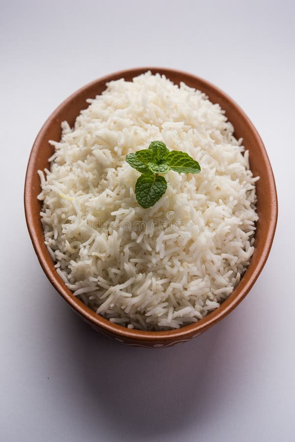 Cooked Plain White Basmati Rice In Terracotta Bowl, Selective Focus