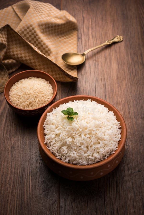 Cooked Plain White Basmati Rice In Terracotta Bowl, Selective Focus