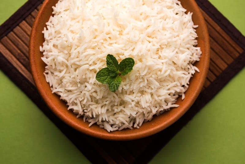 Cooked Plain White Basmati Rice In Terracotta Bowl, Selective Focus