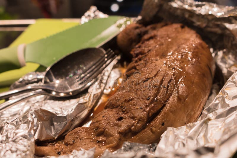 Cooked Pork Fillet, Resting In Cooking Foil In The Kitchen. Stock Image - Image of bake, loin ...