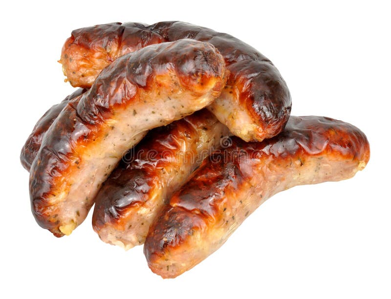 Cooked Pork Sausages On White Stock Image Image of unhealthy
