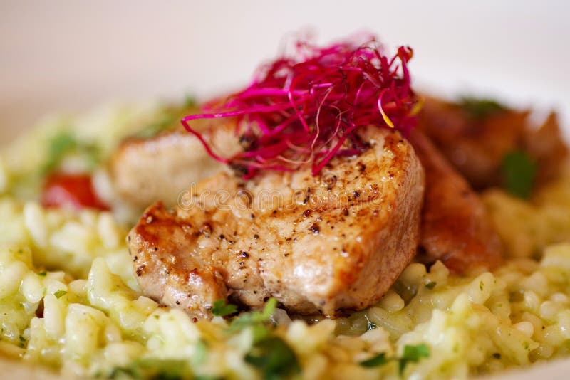 White Rice with Chicken and Vegetables and Curry Sauce. Indian Dish Rice with Vegetables and