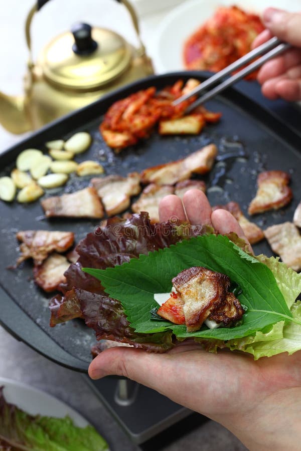 Cooked Samgyeopsal Grilled Pork Belly Bbq Being Cut Scissors Korean Stock  Photo by ©asimojet 393754488