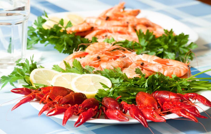 Cooked Shrimp and Crayfish on Plate Close Up Stock Image Image of