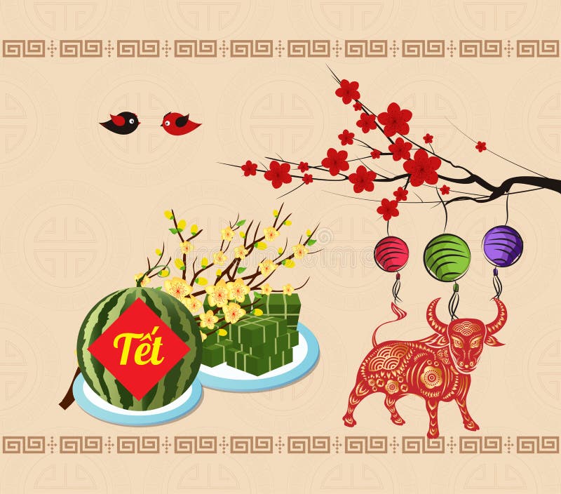 Cooked Square Glutinous Rice Cake And Blossom Vietnamese New Year 21 Translation Tết Lunar New Year Year Of Ox Stock Illustration Illustration Of Asia Banner