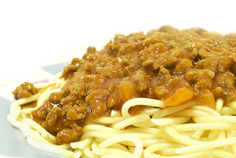 Fresh cooked white spaghetti pasta and juicy tomato meat sauce isolated on white background. Italian pasta spaghett stock images, royalty-free photos and pictures