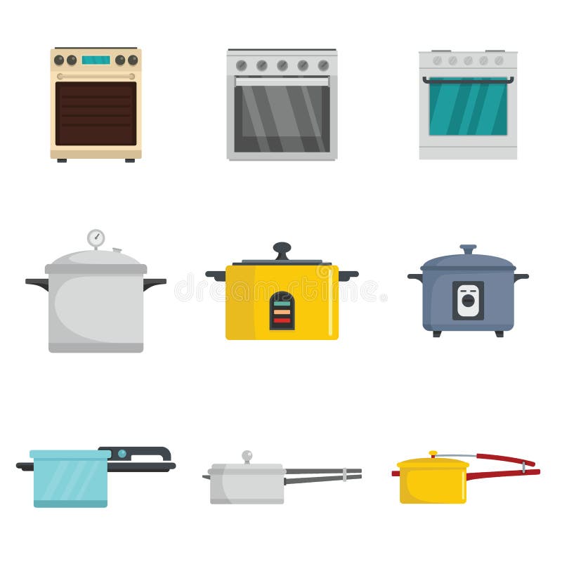 Cooker oven stove pan burner icons set flat style stock illustration