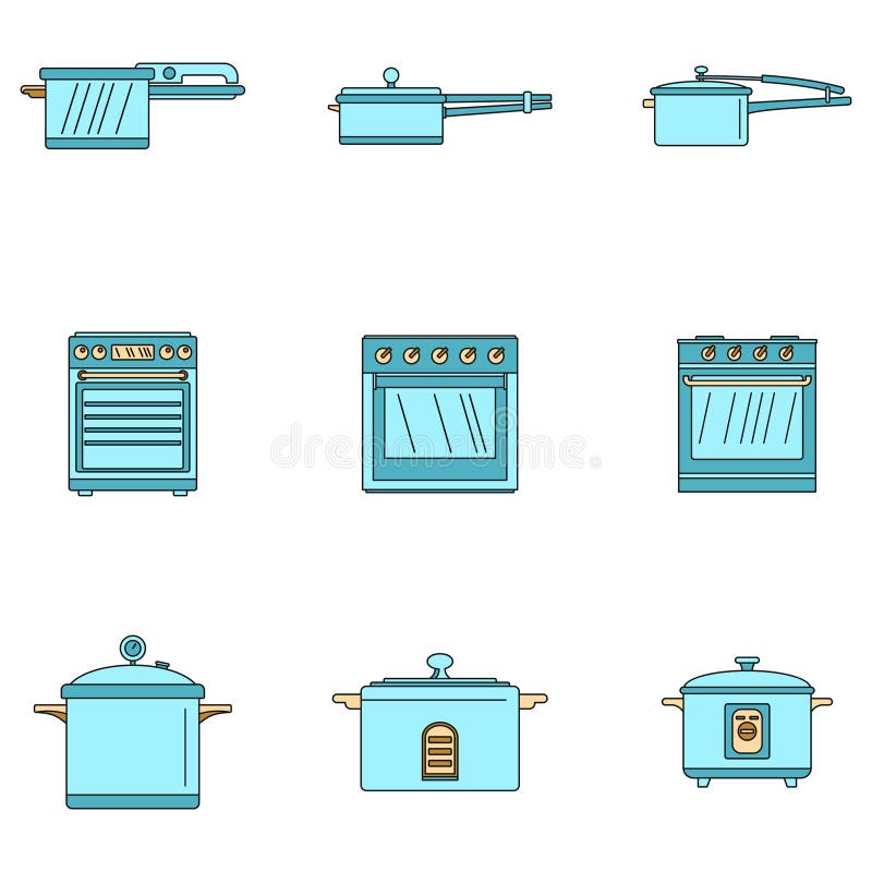 Cooker oven stove pan icons set vector color royalty free illustration