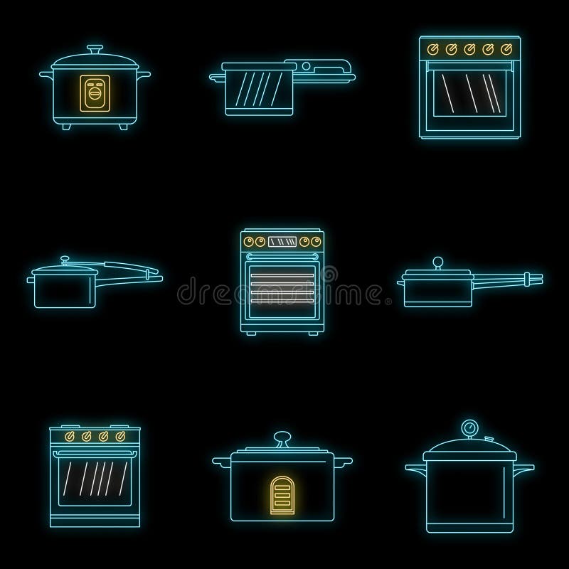 Cooker oven stove pan icons set vector neon stock illustration