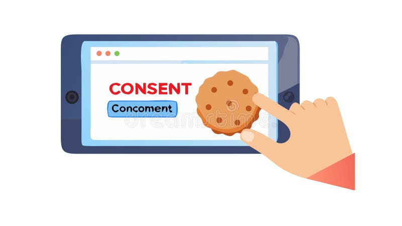 A flat vector icon of a hand interacting with a tablet displaying a CONSENT message and a cookie icon. This symbolizes digital privacy, cookie consent, and data protection regulations. Essential for websites, apps, and GDPR compliance. Clear, direct, and user-centric for legal notices, vector design Generative AI. User consent vectors