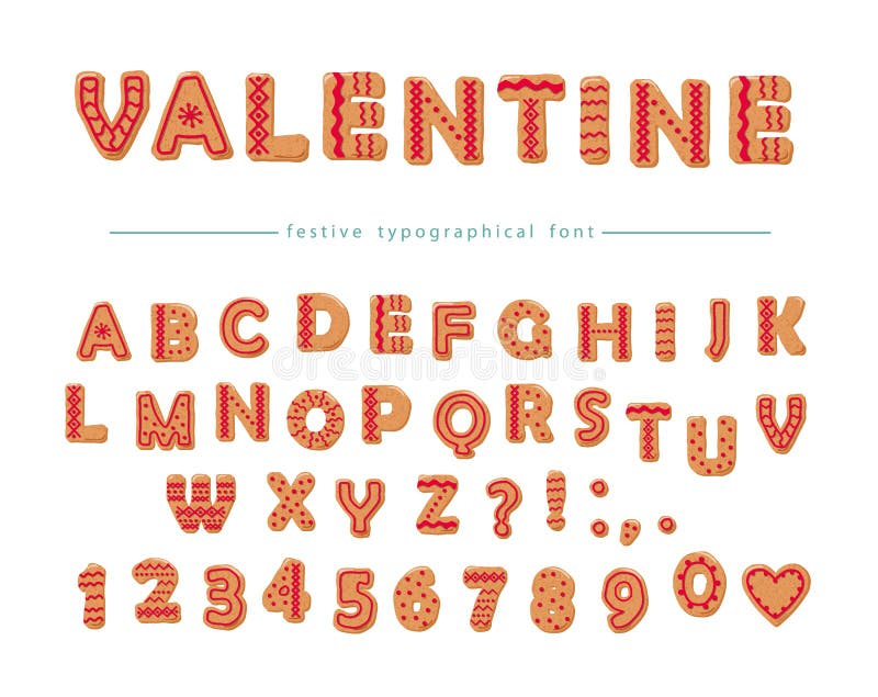 Cookie hand drawn decorative font. Cartoon sweet ABC letters and numbers. Perfect for Valentine s day cards, cute design