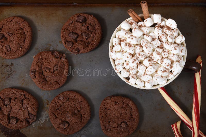 A cookie sheet with chocolate cookies, candy canes and a mug of hot chocolate with marshmallows