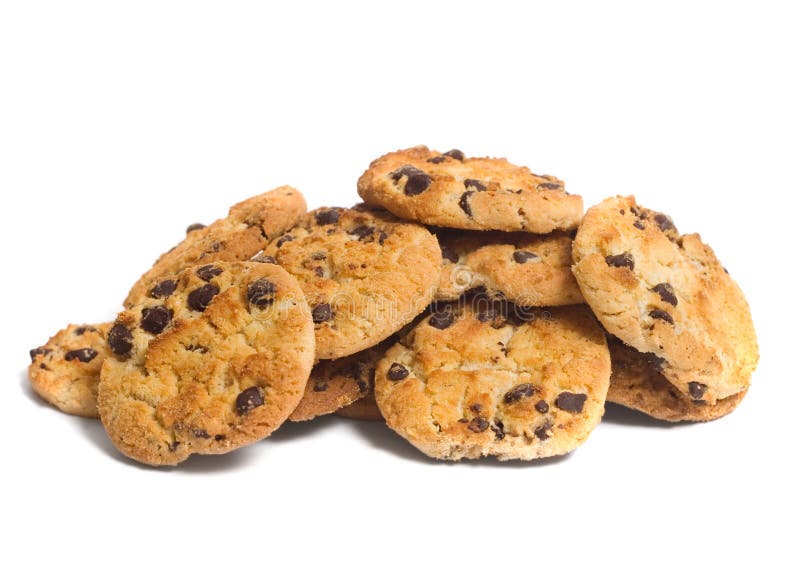 Cookies. A heap of chocolate chips cookies isolated on white studio background royalty free stock photography