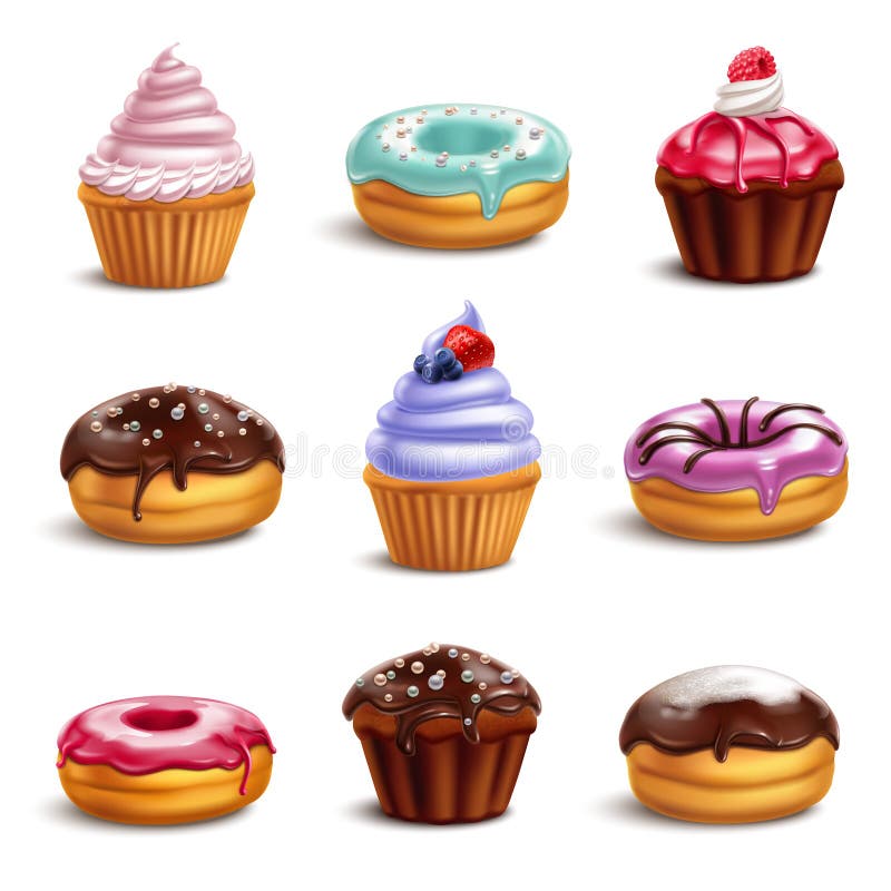 Cookies biscuits cupcakes donuts realistic 3d collection with isolated icons of colourful confectionery products with shadows vector illustration. Cookies biscuits cupcakes donuts realistic 3d collection with isolated icons of colourful confectionery products with shadows vector illustration