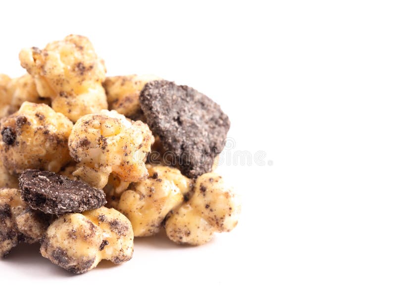Cookies and Cream Flavored Popcorn on a White Background Stock Photo