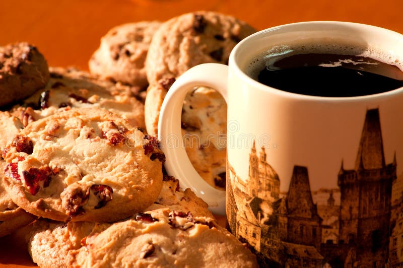 Chocolate Chip Cookies and a Cup of Coffee Stock Image Image of drink