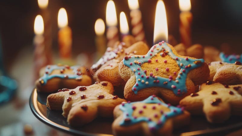 Cookies d'anniversaire. Cookies colorés avec décorations d'étoiles et de croissant et bougies d'anniversaire générés par l'IA