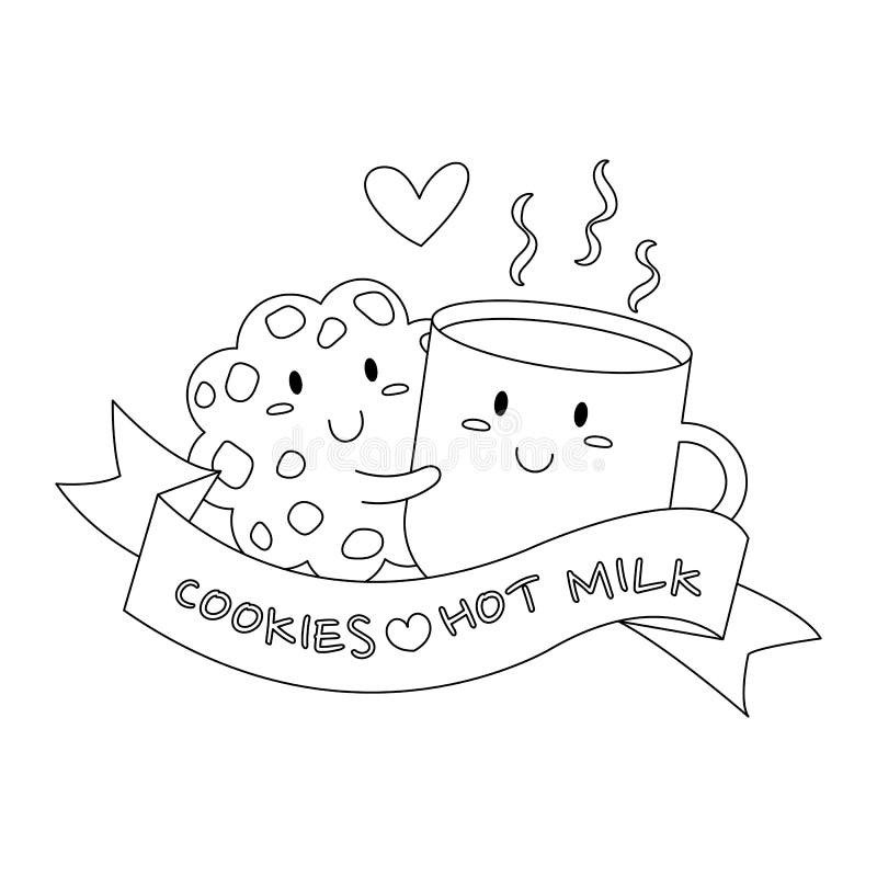 Milk And Cookie. Black And White Coloring Book Page Stock