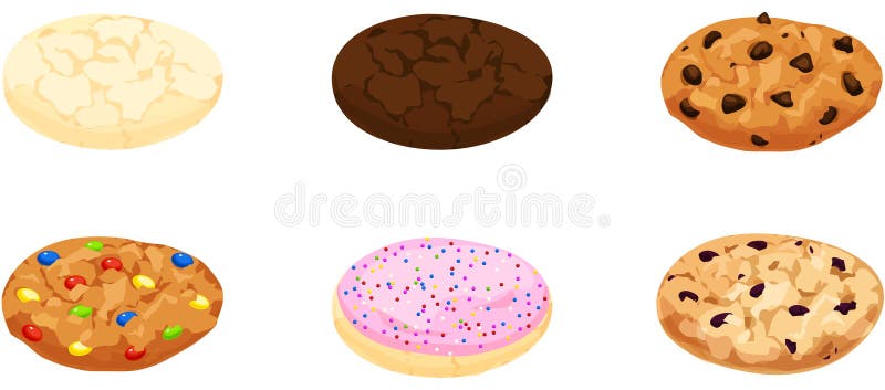 Isolated illustrations of sugar, chocolate, chocolate chip, candy, iced and sprinkled, and oatmeal raisin cookies.