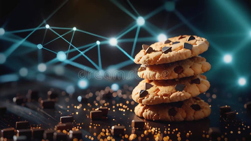 Cookies stack on dynamic blue data and nodes background. Online privacy, data protection, and internet security. Accept vector illustration