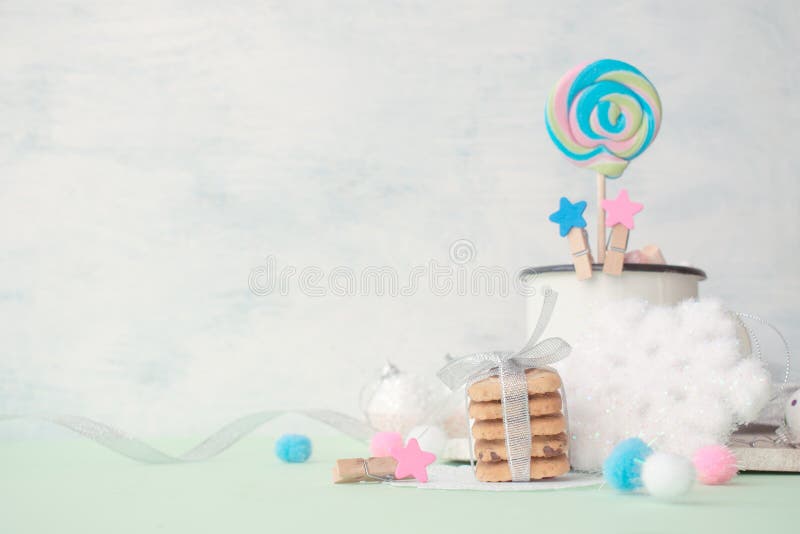 Cookies stack gift with festive Christmas winter decor on a bright punchy colors stock photos Cookies stack gift with festive Christmas winter decor on a bright punchy colors stock photos