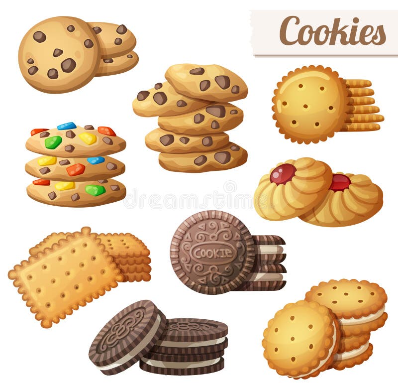 Cookies Uppsättning av symboler för tecknad filmvektormat stock illustrationer Cookies Uppsättning av symboler för tecknad filmvektormat stock illustrationer